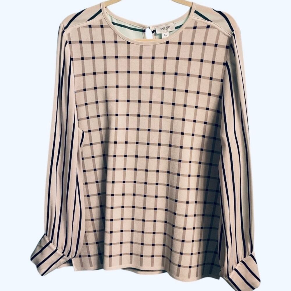 EUC Per Se by Carlisle Window Pane Plaid Cream Black top w/ Semi Sheer Sleeve XL